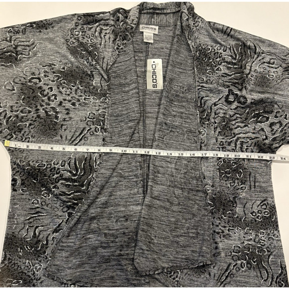 CHICOS Travelers Animal Print Open Front Cardigan Gray Black Large (Chicos 2) - Picture 9 of 9